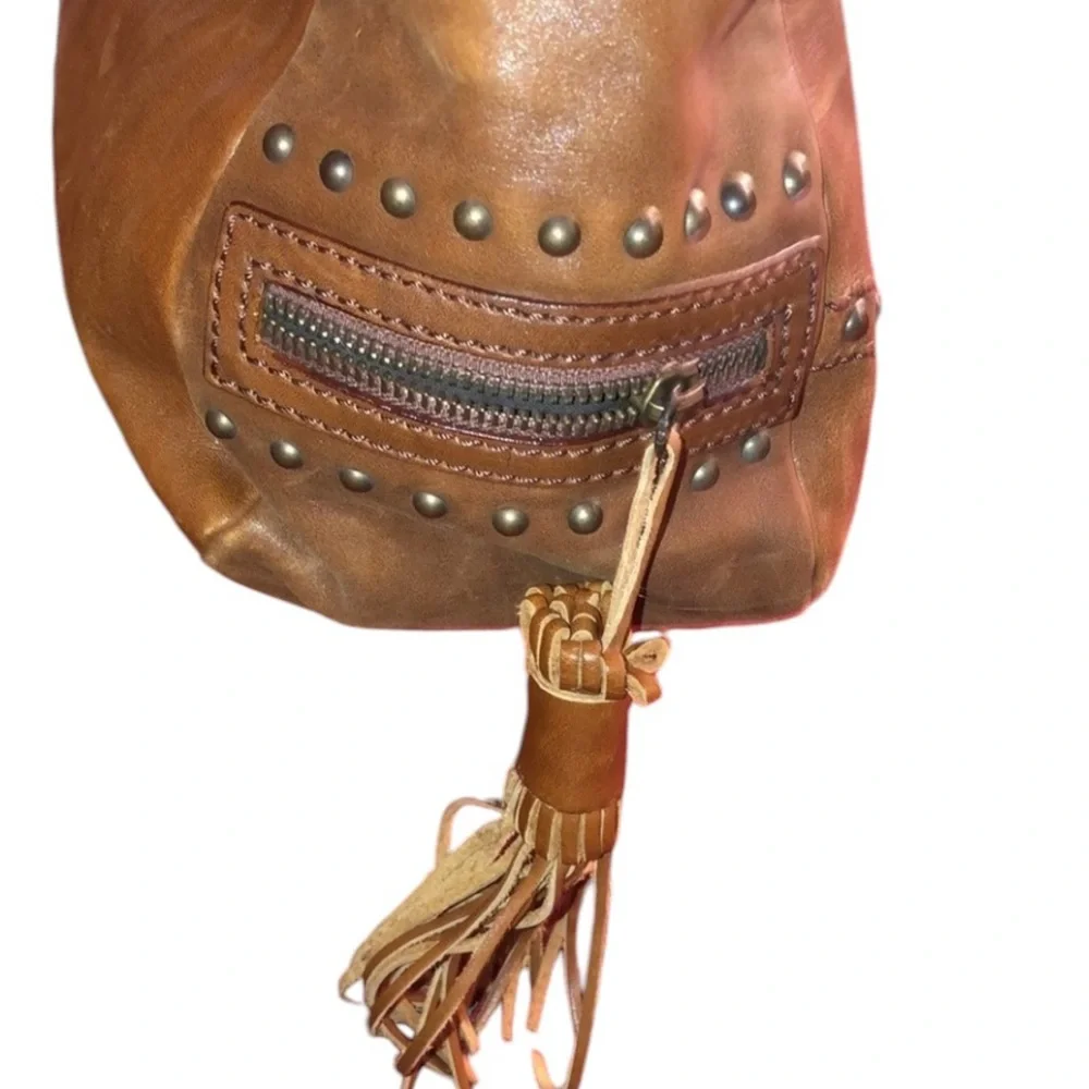Capacciou large brown Leather bag  side zip pockets 2  long leather tassels